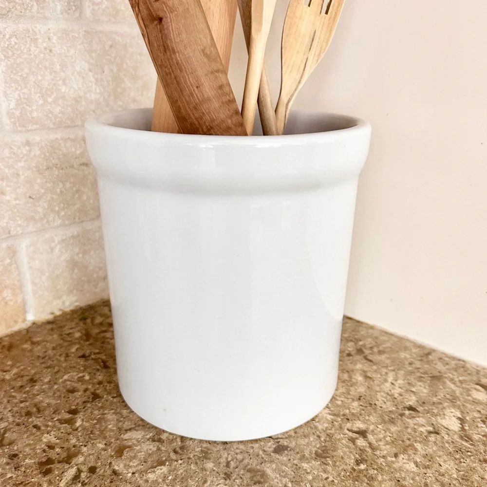 Large & Heavy Minimalist White Glazed Ceramic Kitchen Utensil Crock Holder Vase